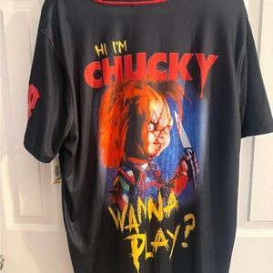 Spencer's Black Chucky Graphic Tee with Red and Orange Accents